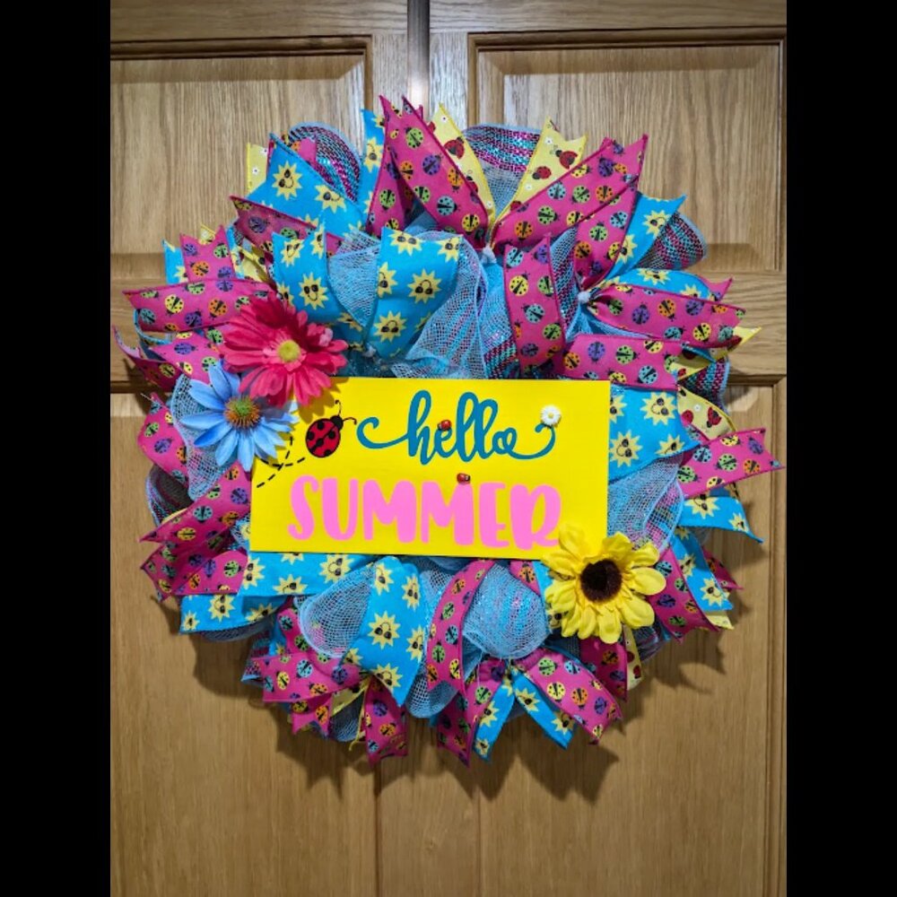 Hello Summer Wreath, Ladybug Wreath, Rainbow Colors, Floral Wreath, Mothers Day
